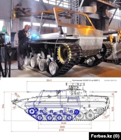 Сборка "Пластуна" и его размер на фоне БМП-2. На чертеже машина называется "Хаски": это был первый вариант названия